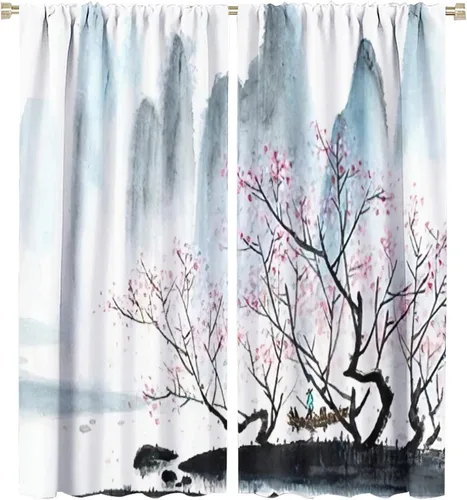 Miniatura 24 de Cortina japonesa con diseño de cerezo en flor, montañas, río, nubes, pinos, paisaje, naturaleza, asiático, anime, oscurecimiento de habitación