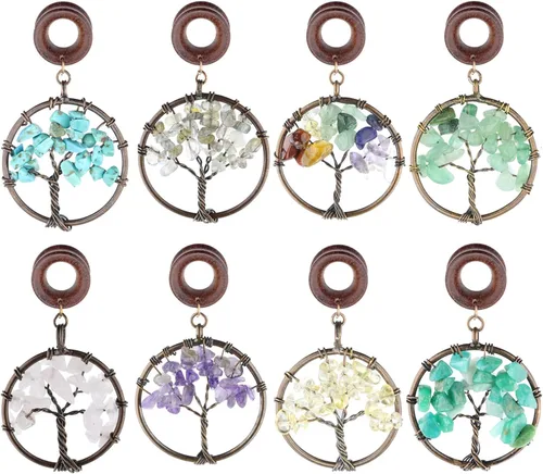 Miniatura 5 de Kit de dilatación de aretes de madera de cuarzo rosa hecho a mano con diseño de árbol de la vida