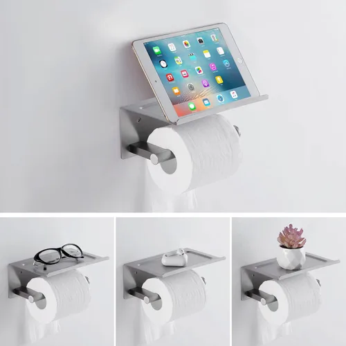 Miniatura 3 de Soporte de papel higiénico con estante, soporte adhesivo montado en la pared para baño, soporte para rollo de pañuelos con estante de almacenamiento