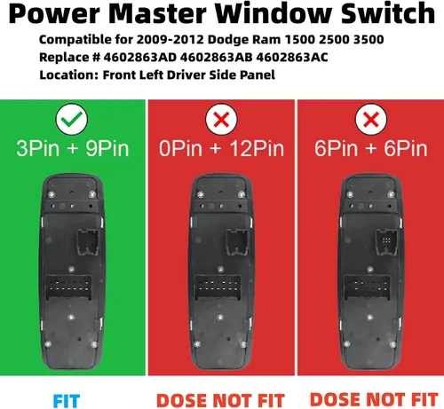 Miniatura 4 de MOJTBE Interruptor de ventana eléctrica principal del lado del conductor delantero izquierdo de repuesto para Dodge Ram 1500 2500 3500 Pickup Crew