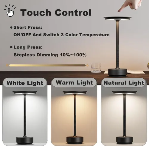 Miniatura 2 de Lámpara de mesa inalámbrica, luz LED de mesa recargable con 3 ajustes de temperatura, atenuación continua, batería de 5000 mAh, USB-C, memoria