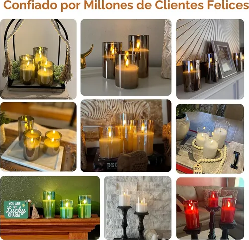 Miniatura 7 de Eywamage Juego de 3 velas LED sin llama de cristal gris ahumado con control remoto, parpadeantes que funcionan