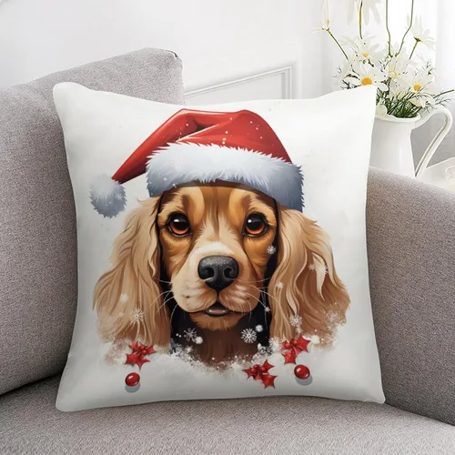 Miniatura 7 de Divertidas fundas de almohada de satén de Navidad con diseño de perro y cocker spaniel con gorro de Papá Noel, copos de nieve, decoración