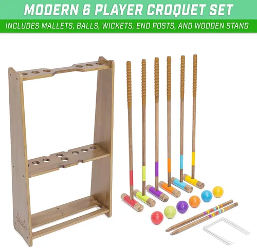 Miniatura 2 de GoSports Juego de cróquet premium de madera teñida para seis jugadores con soporte de madera artesanal