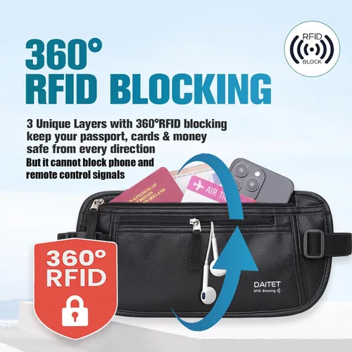 Miniatura 20 de DAITET Cinturón de dinero, soporte para pasaporte, cartera de viaje oculta segura con bloqueo RFID, riñonera encubierta (negro), Negro, Rfid