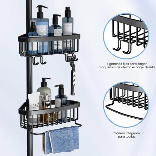 Miniatura 4 de Organizador de Ducha de Esquina con Barra de Tensión: Organizador Ajustable a Prueba de Óxido de 4 Niveles para el Interior del Baño - 120-307 cm