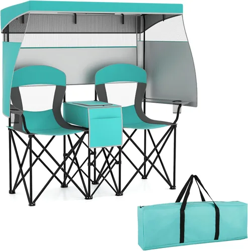 Miniatura 10 de S AFSTAR Silla de camping con toldo, silla de playa plegable para 2 personas con portavasos, cortinas de sombreado de 3 lados y bolsa enfriadora