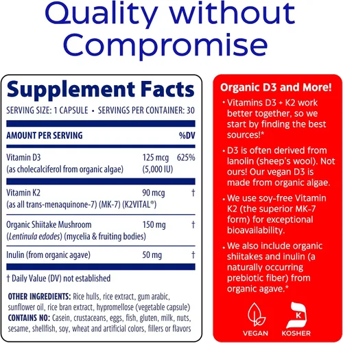 Miniatura 6 de Enzymedica Vitamina D3 K2, 5000 UI Vegan D3 + 90 mcg MK-7, suplemento a base de plantas con hongos shiitake y fibra prebiótica para apoyo óseo e