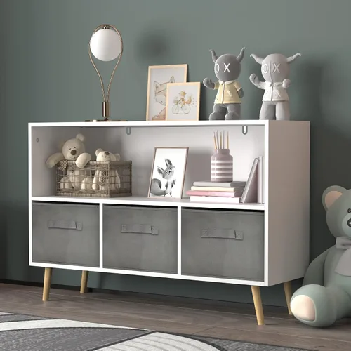 Miniatura 4 de Estantería para niños, estante para libros para niños con cajones de tela plegables, organizador de almacenamiento de juguetes, estantería