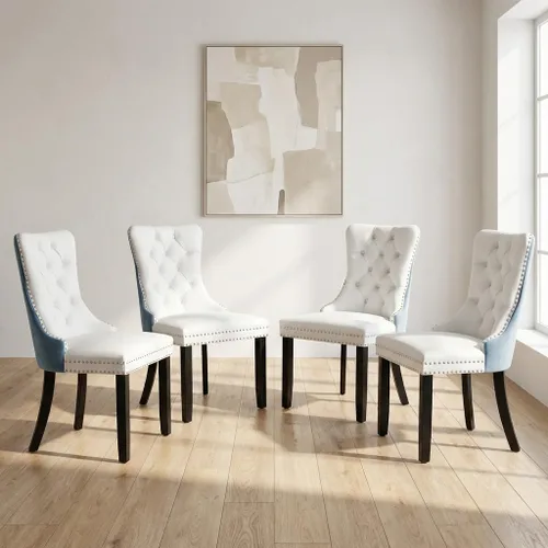 Miniatura 44 de OVENTA Juego de 4 sillas de comedor modernas tapizadas copetudas, terciopelo negro y gris y cuero con patas de madera maciza, sillas de cocina