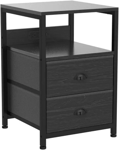 Miniatura 4 de Furologee - Juego de 2 mesitas de noche, roble negro, con estación de carga y puertos USB, mesas auxiliares con 2 cajones de tela, mesas de cabecera