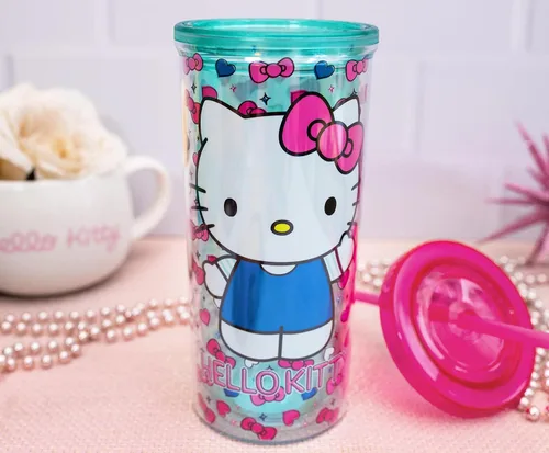 Miniatura 2 de Sanrio - Taza de carnaval de Hello Kitty con popote reutilizable y tapa a prueba de fugas, vaso frío de plástico para bebidas de té con leche Boba