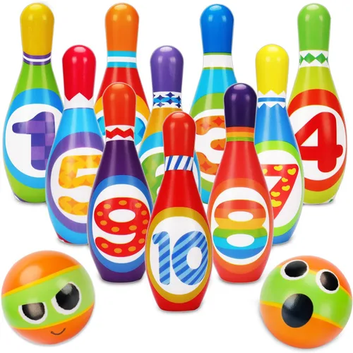 Juego de bolos para niños AugToy 2-5 años, juego de bolos de interior suave para niños de 1, 2, 3, 4 años, niños y niñas, 10 pines de bolos de
