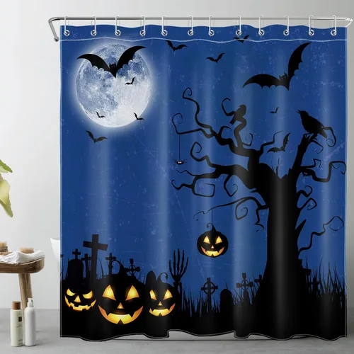 Miniatura 14 de EOBTAIN Cortina de ducha de cielo nocturno azul de Halloween para baño, espeluznante calabaza y murciélago en árbol muerto en cementerio aterrador