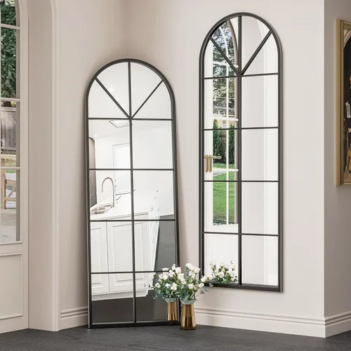 Miniatura 4 de OGCAU Espejo de Piso Arqueado de Cuerpo Entero, 65"x22" Diseño de Panel de Ventana, Decorativo para Colgar o Apoyar, Cuerpo Completo con Marco
