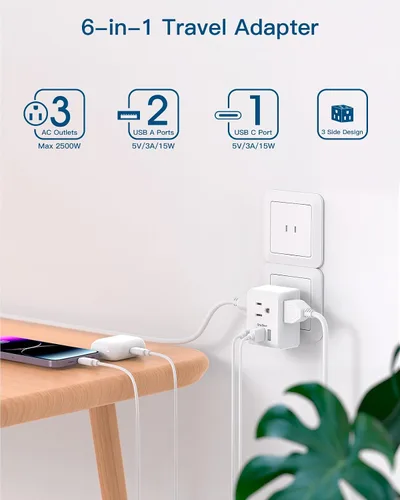 Miniatura 3 de Paquete de 2 adaptadores de enchufe de EE. UU. a Japón, adaptador de enchufe de 2 clavijas a 3 clavijas con 3 salidas de CA, 3 puertos USB