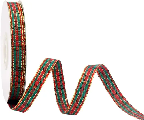 Cinta de Navidad a cuadros 25 yardas cada rollo 100% poliéster con borde tejido gingham para manualidades navideñas, envoltura de regalos (Diseño