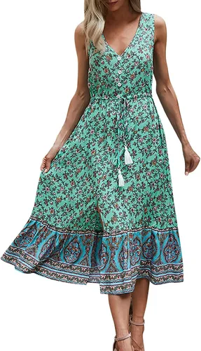 Women's Long Sleeve Bodycon Dress Daily V-Neck Waist Ethnic Print Sleeveless Dress Sun Dresses Summer Casual
