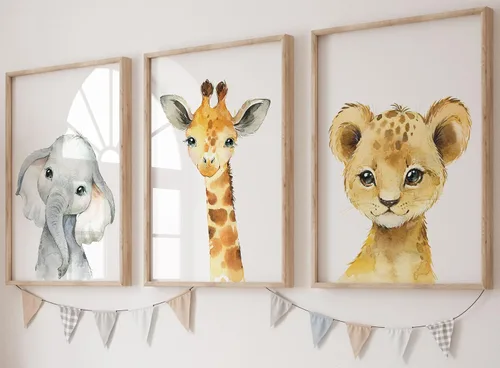 Miniatura 8 de Eviepops Prints Lindos animales de safari juego de 3 impresiones sin marco para bebé niña o niño, cuarto de bebé, habitación de niños, decoración