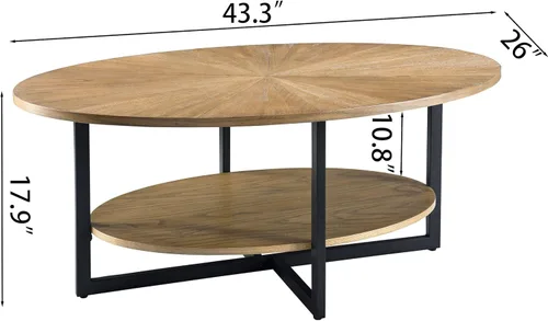 Miniatura 2 de Mesa de Centro Ovalada de Madera Maciza con Patas de Metal Cruzadas, Mesa Central Industrial Moderna de 43.3 Pulgadas con Estante Abierto Mesa