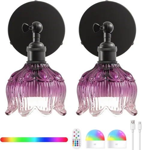 Miniatura 10 de Vintage Battery Operated Wall Sconces - 5000mAh Rechargeable Dimmable Wireless Lights with Remote Control - Set of 2 Green Flower Glass Powered