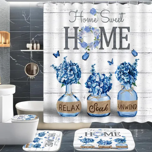 ALEXEX Juego de 4 cortinas de ducha de hortensias azules, juego de baño Home Sweet con cortina de ducha y alfombras y accesorios, cortina de ducha