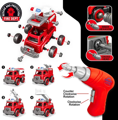 Miniatura 2 de Camión de juguetes desmontables 4 en 1 con taladro eléctrico, vehículos de juguete camión de bomberos de montaje DIY, juguetes de autos educativos