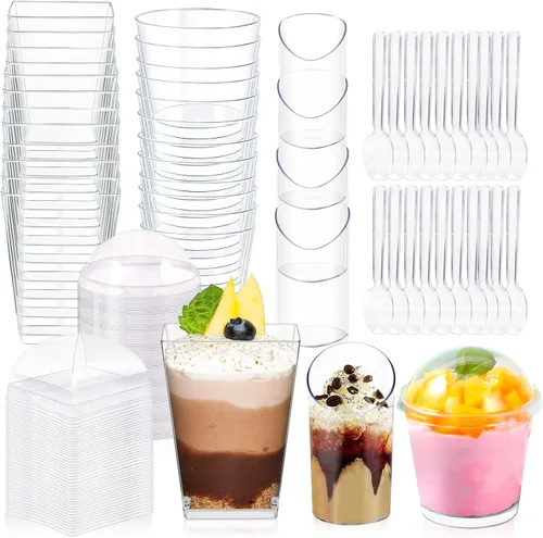 Miniatura 9 de Paquete de 360 tazas de postre de 5 onzas y 6 onzas con tapas y cucharas, 3 estilos de vasos de plástico transparente para aperitivos, desechables