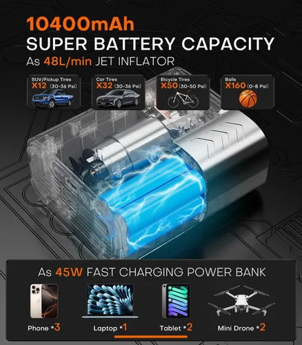 Miniatura 3 de Inflador de neumáticos, compresor de aire portátil, bomba de aire SuperBars 3 veces más rápida con aplicación, bomba eléctrica de neumáticos de 160