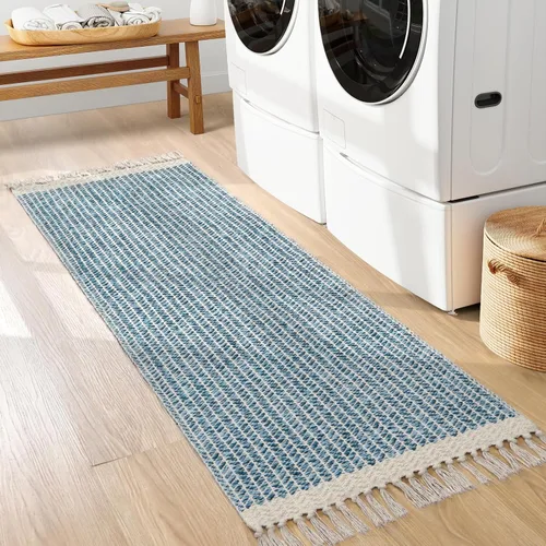 Miniatura 8 de Lahome Belle - Alfombras bohemias de cocina de 2 x 6, alfombra ligera de algodón tejido de algodón con borlas, alfombra azul lavable de granja