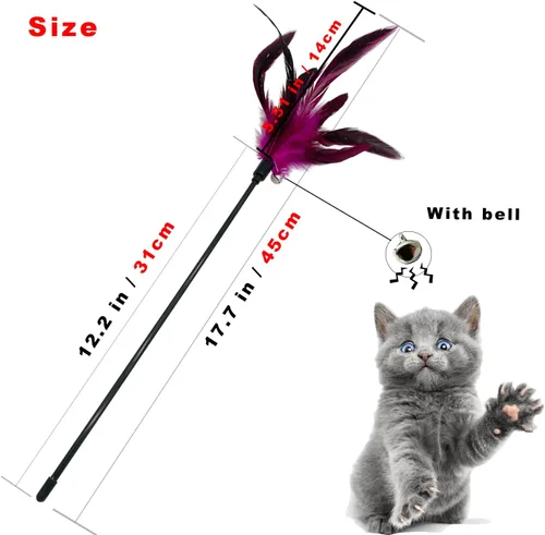 Miniatura 5 de Juguete de varita para gatos, 6 piezas interactivas para gatos, varita de plumas para gatos de interior (A)