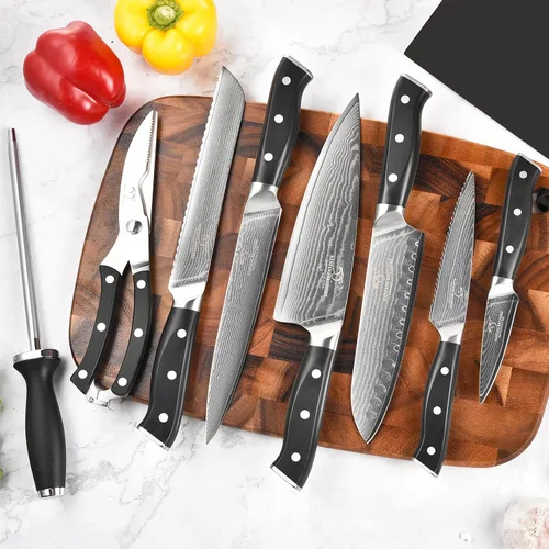 Miniatura 5 de NANFANG BROTHERS Juego de cuchillos de cocina de Damasco de 9 piezas con bloque, mango ergonómico ABS para juego de cuchillos de chef, afilador