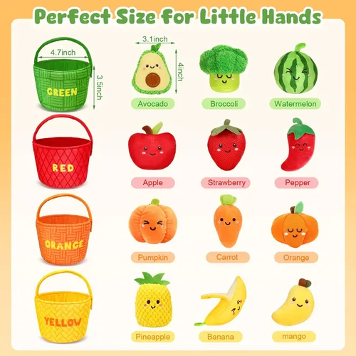Miniatura 6 de TOHIBEE Juguetes Sensoriales para Bebés - 16 Piezas de Frutas y Verduras de Comida de Juego para Clasificar Colores con Sonajero, Crujido, Juguetes