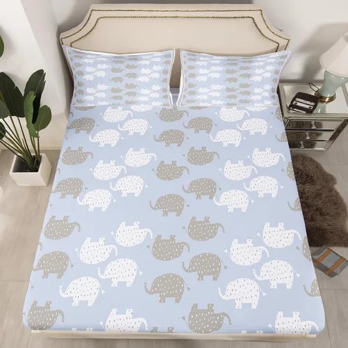 Castle Fairy Kawaii - Sábana bajera ajustable tamaño individual, diseño de elefante blanco y gris, suave y lujoso, juego de sábanas de dibujos