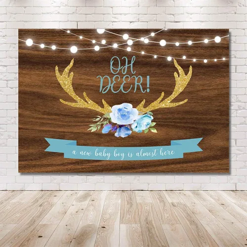 Miniatura 6 de MEHOFOND 7 x 5 pies Oh Deer Baby Shower fondo utilería azul floral madera rústica It's A Boy Baby Shower Gold Buck caza luces con purpurina bosque
