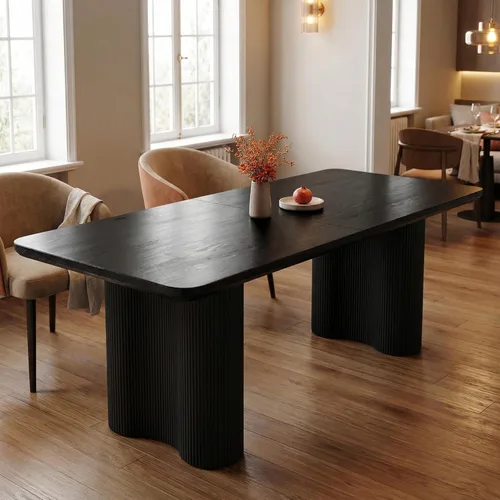 Miniatura 11 de Mesa de comedor rectangular moderna de 62.99 pulgadas para 4-6, mesa de cocina negra de mediados de siglo con patas onduladas y parte superior