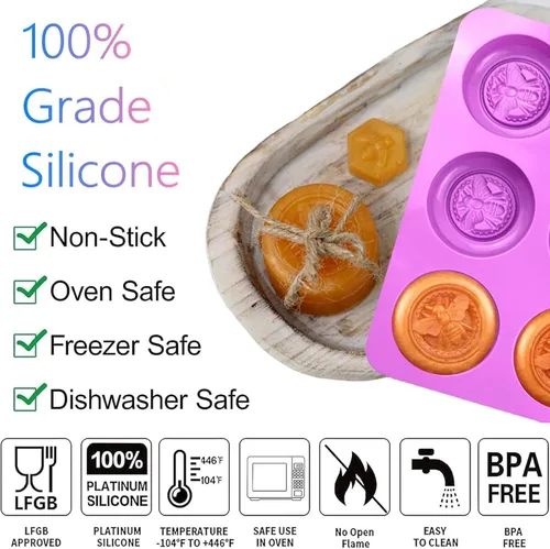 Miniatura 4 de Moldes de silicona de abeja, 2 moldes redondos de silicona con forma de colmena, 6 cavidades para hacer jabón casero, gelatina de bricolaje, bomba