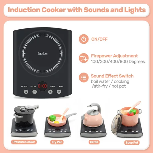 Miniatura 3 de CUTE STONE Juego de accesorios de cocina, juego de juguetes de cocina para niños con ollas y sartenes, placa de cocina electrónica de inducción
