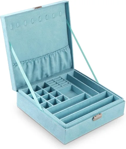 Sodynee Joyero de dos capas con tela con pelusas, organizador, caja exhibidora para almacenamiento con cerradura