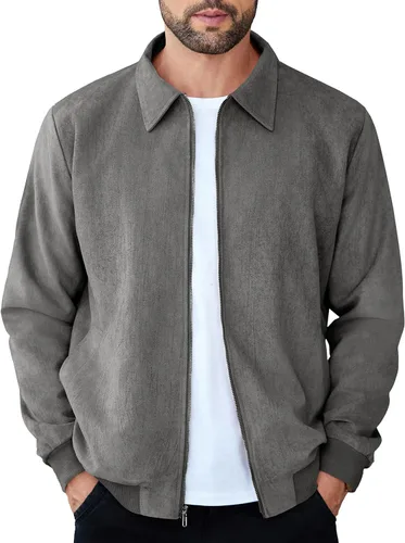 Miniatura 8 de COOFANDY Chaqueta bomber casual de ante para hombre, ligera, con cremallera completa, chaqueta de piel sintética vintage