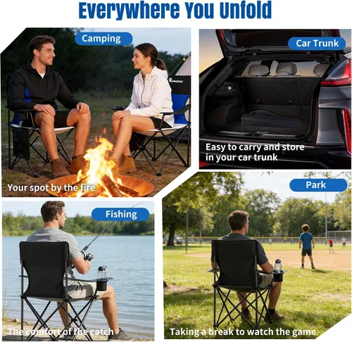 Miniatura 7 de Silla de camping de gran tamaño, sillas de césped con respaldo alto de 500 libras (negro azul) Portable Outdoor Heavy Duty Folding Camping Chairs