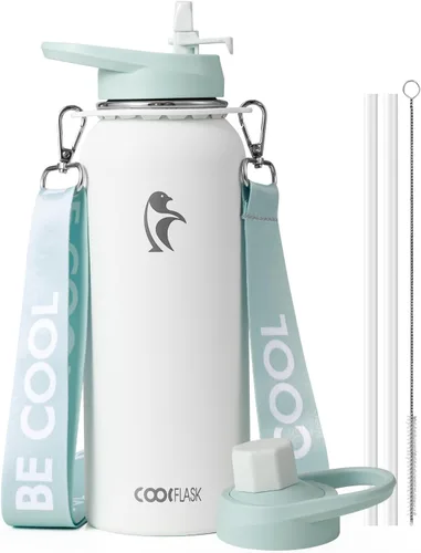 Miniatura 40 de Botella de agua Coolflask de 40 onzas con correa, botella de agua metálica aislada con popote y tapas con pico, acero inoxidable de doble pared al