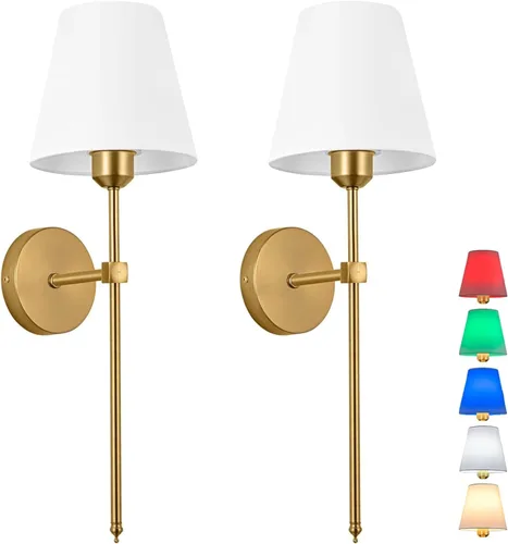 Juego de 2 apliques de pared de 24 pulgadas, funciona con pilas, 10 modos de color, recargable, dorado, decoración de interiores, lámpara de pared