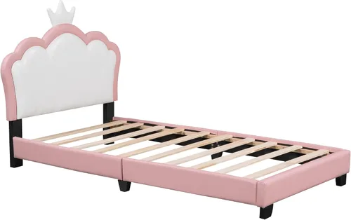 Miniatura 8 de Bonita cama de princesa tapizada de tamaño individual con cabecera corona, plataforma de piel sintética rosa para niños y niñas, no requiere somier