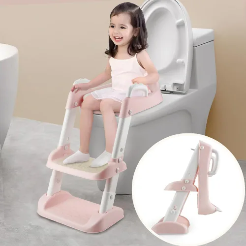 PandaEar Asiento de entrenamiento para inodoro con escalera, cómodo y seguro con almohadillas antideslizantes, escalera para niños y niñas (rosa)