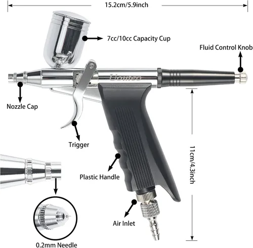 Miniatura 2 de Pistola de gatillo de aerógrafo Pistola de pulverización de cepillo de aire con agujas de 0.008 in 7CC y 10 CC Copa para pintar Kit de aerógrafo