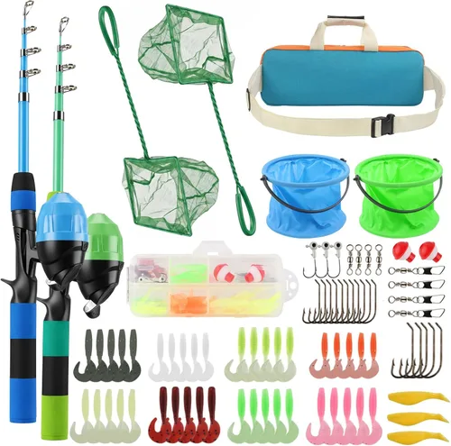 Combo de carrete de caña de pescar para niños, 4.92 pies/5.9 pies, 2 piezas de caña de pescar telescópica con accesorios de pesca, kit de inicio de