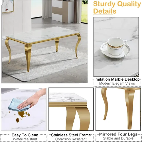 Miniatura 4 de Juego de mesa de comedor de mármol sintético de 5 piezas para 4 mesas de cocina de lujo de oro blanco con 4 sillas tapizadas de terciopelo gris