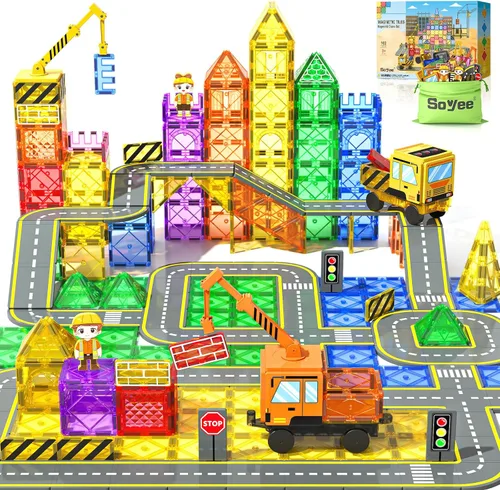 Soyee 102 azulejos magnéticos con 2 autos y 2 grúas imán, construcción de juguetes para niños para juego creativo y aprendizaje STEM para niños,