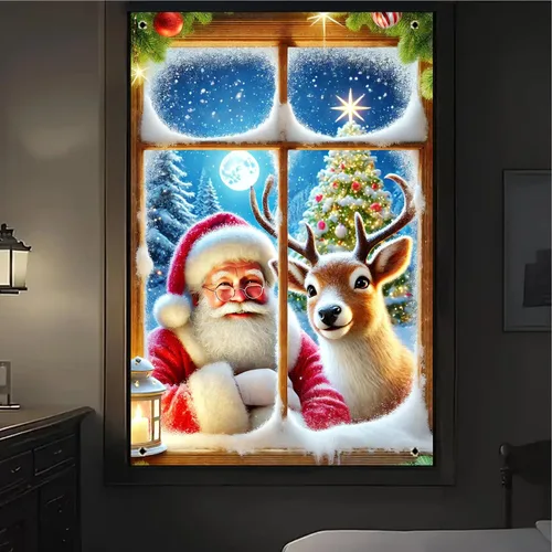 Miniatura 4 de BlissYard Cubierta de ventana de Navidad de 31 x 47 pulgadas, Papá Noel y reno, escena de nieve de invierno, decoración de vacaciones, fondo festivo